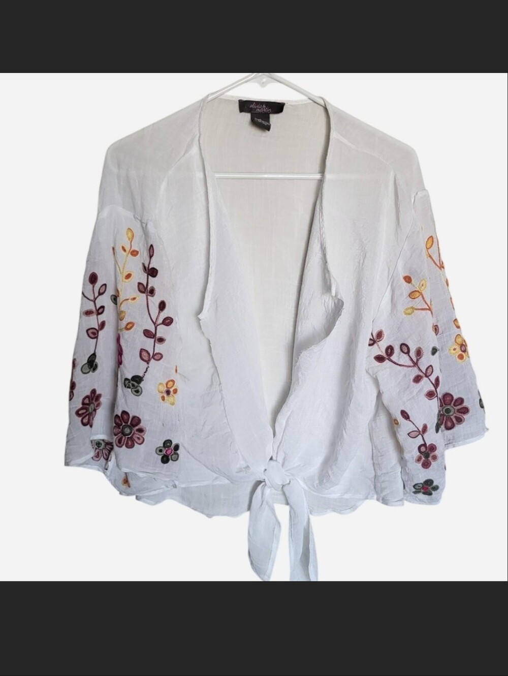 White sheer tie front shoulder cover with floral embroidered sleeves